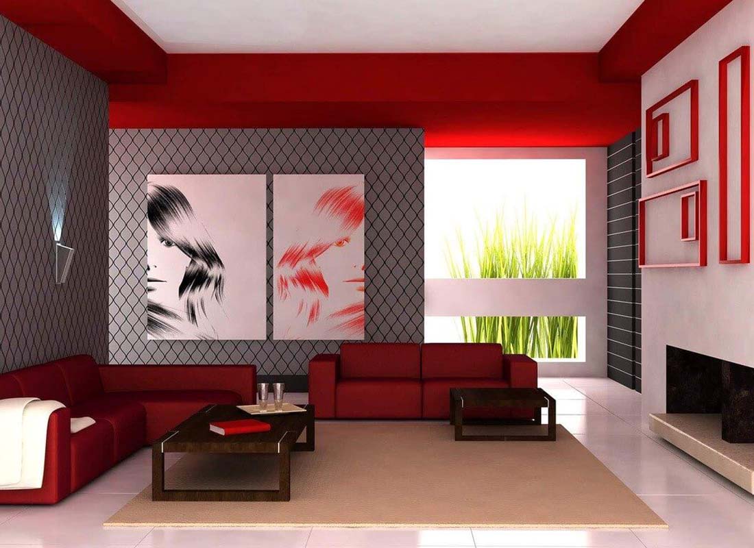 A very modern artistic living room that is mainly red, and has very unique patterned wallpaper