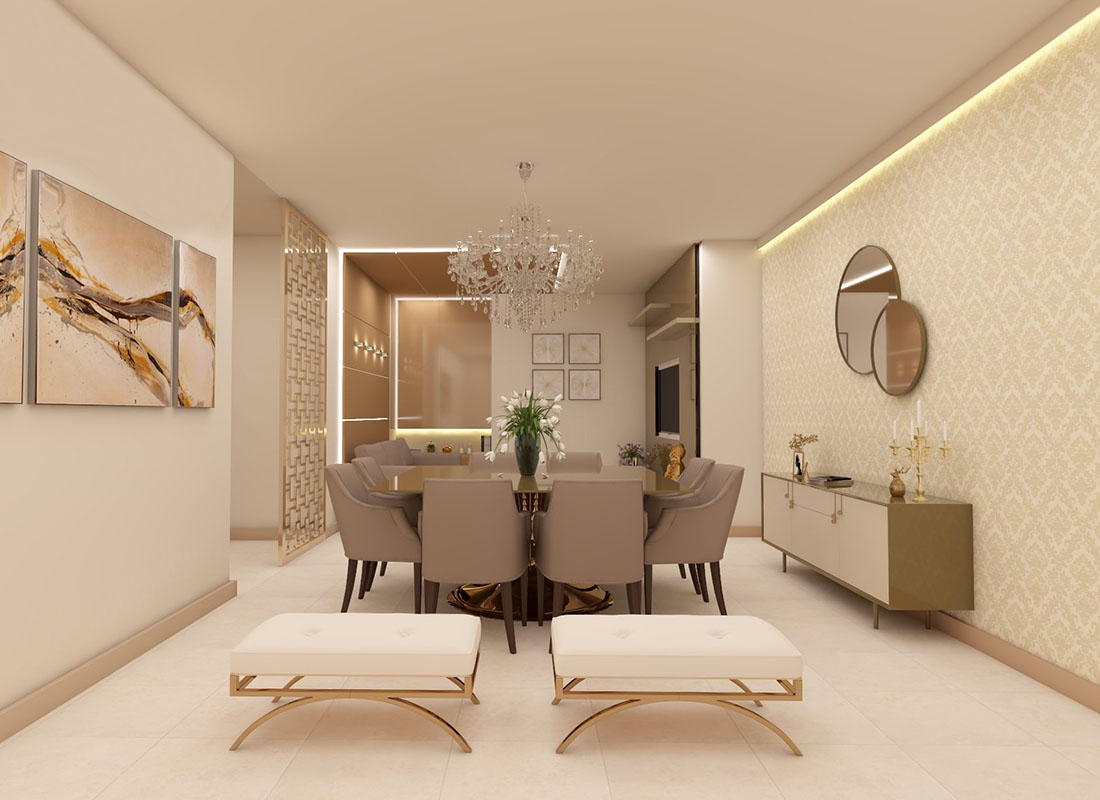 A Modern dining room with a warm gold color theme