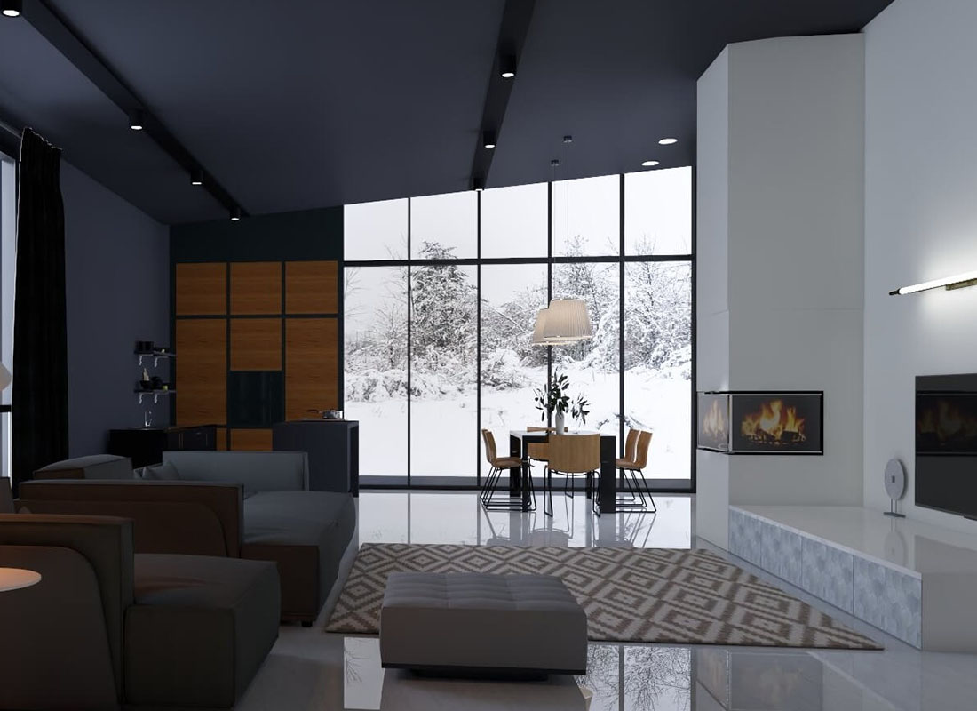 A very modern high end living room with concrete floors