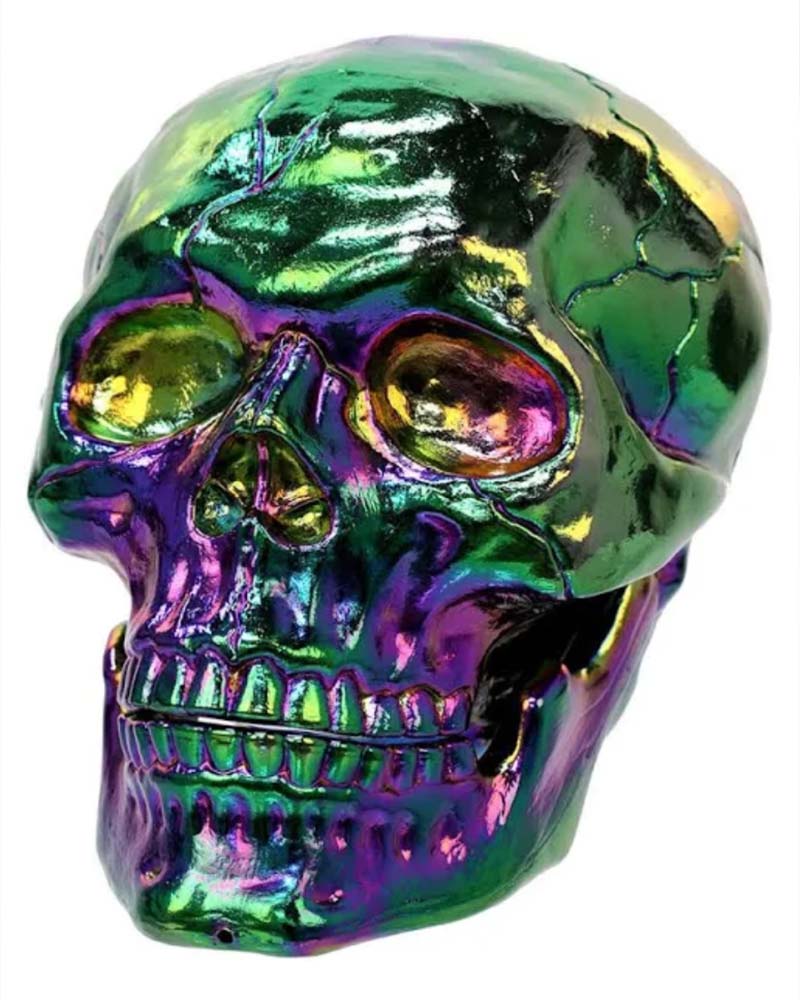 A fake skull that is colorful and looks like it is covered in an oil spill paint