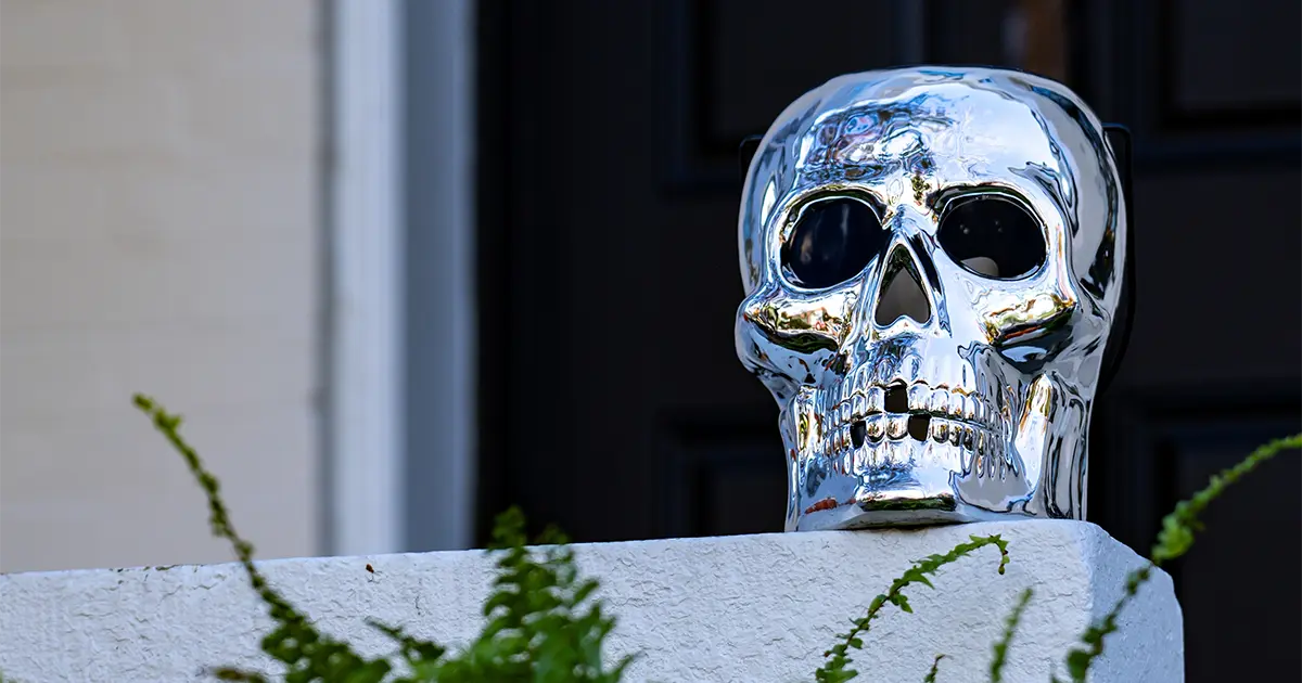 Decorative chrome skull sculpture with greenery in modern exterior entryway