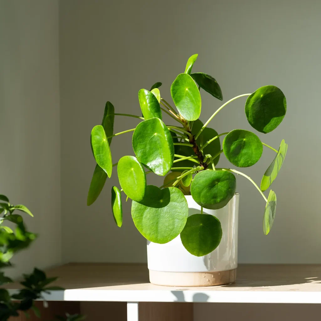 Green pilea houseplant in white ceramic pot on modern shelf