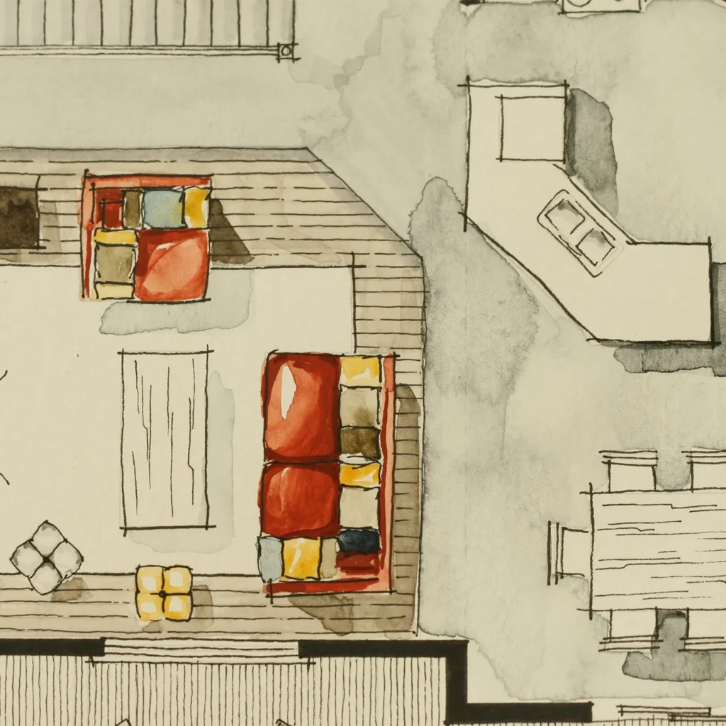 Hand-drawn interior floor plan with watercolor furniture layout and room design details